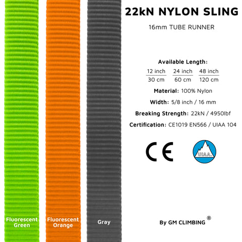 Product display of GM Climbing 16mm Nylon Sling Runner 60cm 24 Inch Fluorescent Orange, 22kN Capacity, with color and size options.