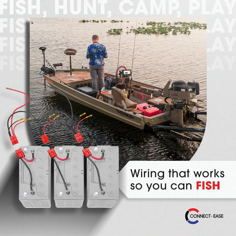 36V Trolling Motor Connection Kit Series Wiring Harness Hook Up Three 12V Batteries Smooth Plug And Play Marine Power Adapter No Sweat Setup Professional Boat Rigging with batteries and boat in water.