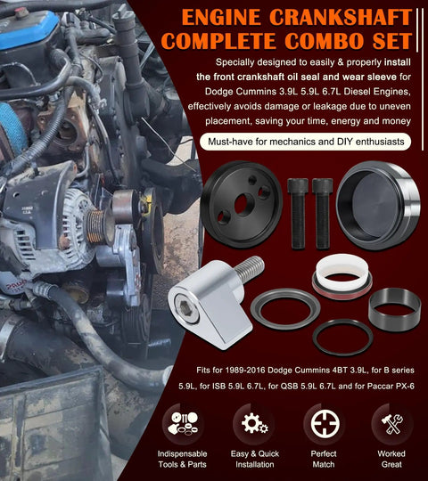 One Stop Front Crankshaft Seal And Wear Sleeve Install Tool Kit For Dodge Cummins 3.9L 5.9L 6.7L Diesel Engines layout.