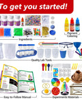 272 Experiments Science Kit For Kids Chemistry Set And STEM Toys For Boys And Girls With Volcano Eruption Crystal Growth Awesome Magic Reactions Physics Lab Projects Hands On Learning And Rainbow Water Fun Gift with ingredients, quality lab tools, and experiments materials visible.