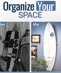 Before and after images of Heavy Duty Vertical Surfboard Wall Mount Rack Made From Crystal Clear Acrylic in use.