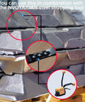 Close-up of Beefy Bluing Steel Strapping Coil 3/4 Inch Wide 0.020 Inch Thick on metal bundles with tensioning tool illustration.
