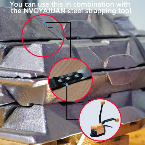 Close-up of Beefy Bluing Steel Strapping Coil 3/4 Inch Wide 0.020 Inch Thick on metal bundles with tensioning tool illustration.