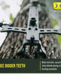 Tree digger teeth on 4 Pack Lightweight Non Slip Aluminum Climbing Sticks For Tree Stand Hunting Gear securely gripping a tree.