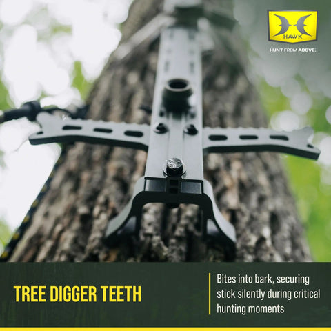 Tree digger teeth on 4 Pack Lightweight Non Slip Aluminum Climbing Sticks For Tree Stand Hunting Gear securely gripping a tree.