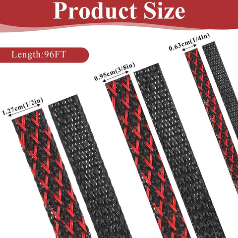 Six Rolls Braided Cable Sleeves Kit With 127 Heat Shrink Tubes, showing various diameters and red-black PET sleeves.