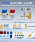 AC R134a Quick Connect Adapter Kit with R134a and R410a adapters, can taps, valve core remover, and accessories, 5-piece set