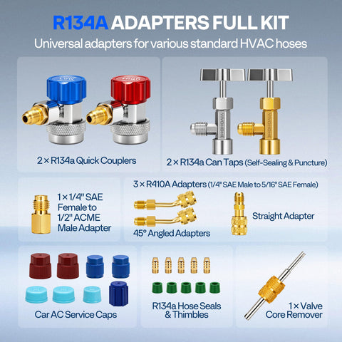 AC R134a Quick Connect Adapter Kit with R134a and R410a adapters, can taps, valve core remover, and accessories, 5-piece set