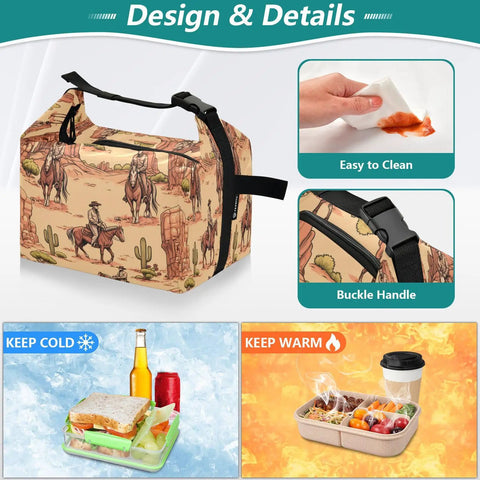 Cowboy Themed Lunch Bag Insulated Tote With Big Capacity For Work, Picnics, And Camping, Leakproof Cooler with buckle handle