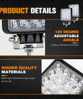 Product details showing 10 Pack 4 Inch LED Light Pods 5600 Lumen IP67 Off Road Work Lights for Trucks ATVs UTVs with adjustable angles.
