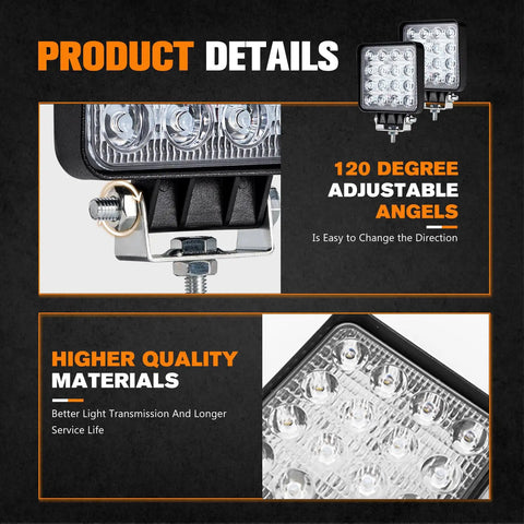 Product details showing 10 Pack 4 Inch LED Light Pods 5600 Lumen IP67 Off Road Work Lights for Trucks ATVs UTVs with adjustable angles.