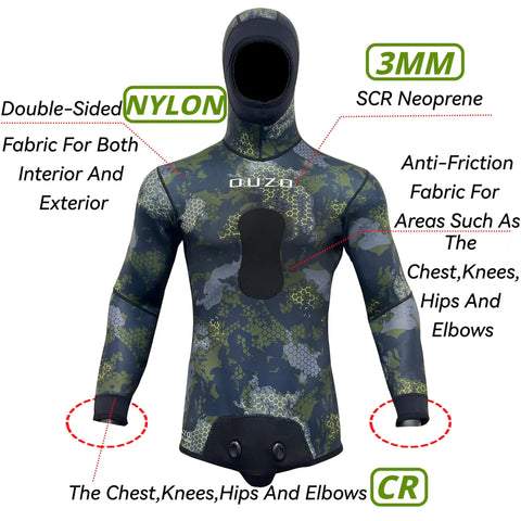 Men Spearfishing Wetsuit Neoprene 3mm And 1.5mm Camouflage Diving Suit Two-Piece Set For Freediving Snorkeling And Scuba Dive Camo Green XX-Large