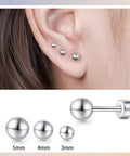 Heavy Duty Titanium Screw Back Flat Back Ball Stud Earrings For Women And Men With Hypoallergenic Nickel Free Build shown in 5mm, 4mm, and 3mm sizes on ear.