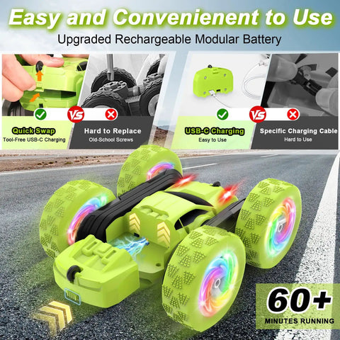 Green Rad Stunt RC Car With Two Point Four GHz Remote 360 Degree Flips Double Sided Crawler with USB-C modular battery shown