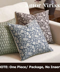 Floral Throw Pillow Cover 18x18 Inch Organic Cotton Dusty Blue One Sided Decorative Cushion Cover For Sofa Couch Living Room Farmhouse Neutral Decor Cozy Vibe No Insert shown on blue floral cushion