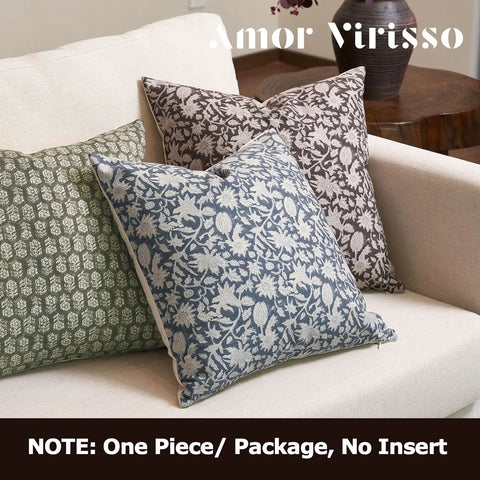 Floral Throw Pillow Cover 18x18 Inch Organic Cotton Dusty Blue One Sided Decorative Cushion Cover For Sofa Couch Living Room Farmhouse Neutral Decor Cozy Vibe No Insert shown on blue floral cushion