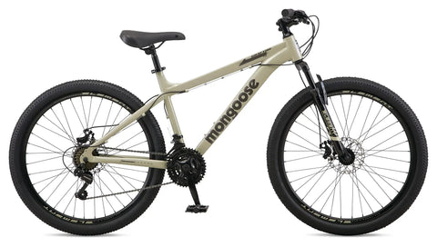 Grafton 26 Inch Mountain Bike For Adults With 21 Speed Aluminum Hardtail Frame and Knobby Tires in beige color.