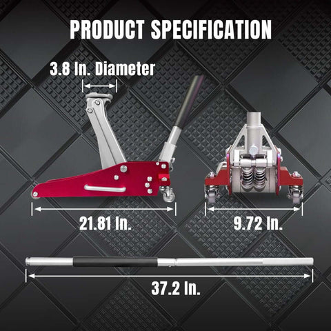 1.5 Ton Aluminum And Steel Hydraulic Floor Jack With Dual Piston Quick Lift Pump Low Profile Racing Car Jack For Vehicles Lightweight Yet Beefy 3000 Lb Capacity Red Finish dimensions