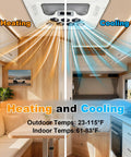 12V RV Rooftop Air Conditioner With 15000 BTU Heating And Cooling Brushless Compressors in camper interior, dual function shown