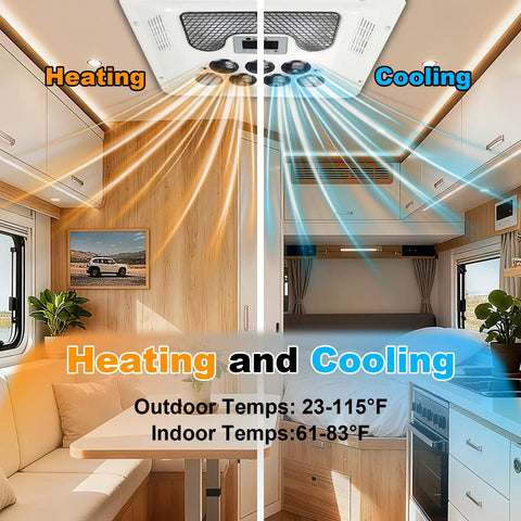 12V RV Rooftop Air Conditioner With 15000 BTU Heating And Cooling Brushless Compressors in camper interior, dual function shown