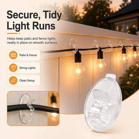 Heavy Duty Clear Adhesive Hooks For Outdoor String Lights, Weatherproof Self Adhesive Clips Deliver Killer Grip, 20 Pack Hangs Legit Tight On Wood Vinyl Siding And Gutters Even When Wet Weather Hits
