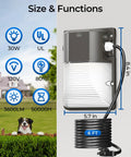 30W Plug In LED Wall Pack Light With Dusk To Dawn Sensor 3600 Lumen Output 5000K Daylight No Fuss Install 120V AC Outdoor IP65 Waterproof Security Flood Light For Garage And Warehouse Includes 6 Foot US Plug showing size and functions