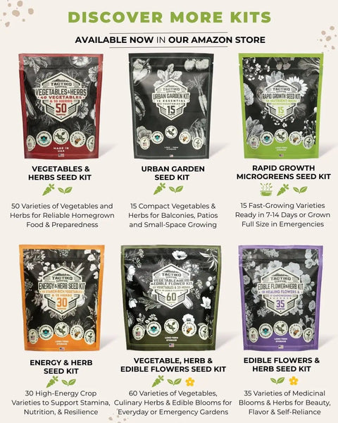 Selection of seed kits including vegetables, herbs, microgreens, and flowers with packaging details