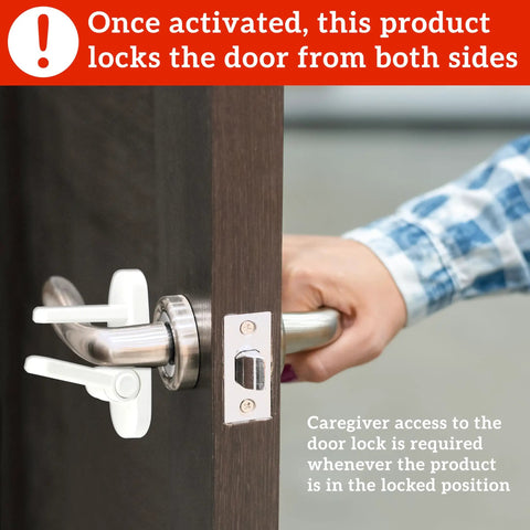 Two Pack Door Lever Locks For Kid Proofing, Easy One Hand Operation For Adults, No Tools Needed For Install, Durable ABS With Strong Adhesive Backing, Sticks To Flat Surface Next To Lever, Keeps Toddlers Out