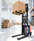 Heavy Duty Industrial Pallet Stacker Lift With 3300 Lb Capacity Built From Solid Iron Frame For Warehouses, Perfect Forklift Alternative To Hoist Loads Up To 78 Inches High With Easy Handle Control in warehouse with pallet.