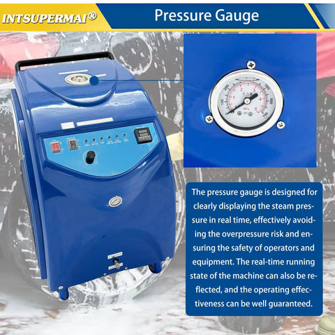 Industrial Steam Cleaner Drops Smokin Hot High Pressure Steam For Auto Shop Degreasing And Fleet Maintenance With Instant Heating showing pressure gauge.