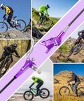 Close-up of purple Bucklos MTB hydraulic brake lever and caliper with 4-piston design; front 850mm and rear 1550mm hoses.