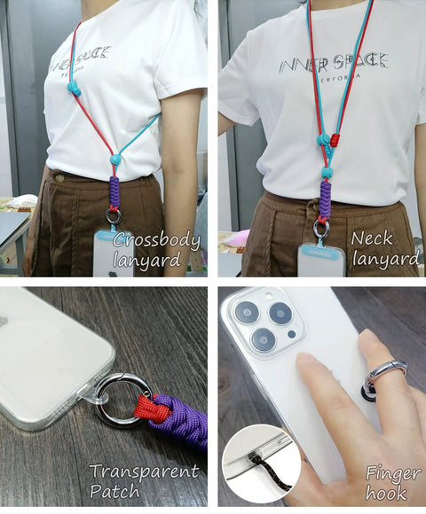 Top Shelf Adjustable Cell Phone Lanyard With Comfy Neck And Wrist Strap, Crossbody Phone Holder For Keys And Id Badges, Hassle Free Braided Cord In Classic Red And Blue worn as crossbody and neck lanyard with phone attached.