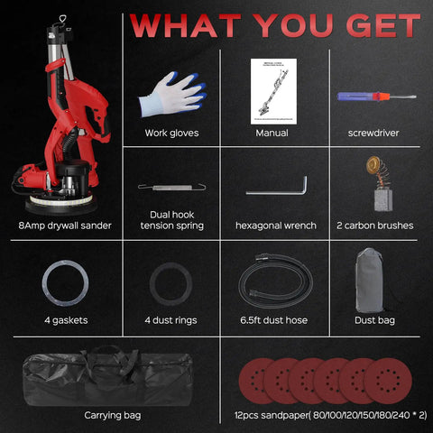 Drywall Sander Upgrade For DIY Home Projects With 8 Amp Motor, 7 Speed Settings 800 To 1800 RPM, Vacuum Dust Collector included accessories