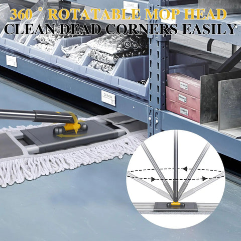 Heavy Duty 36 Inch Commercial Mop Kit with rotatable mop head cleaning under shelves in a warehouse