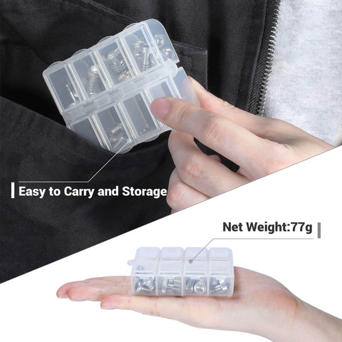 Camera Screw Set AAK2326 26 Pcs compact storage case held in hand, demonstrating portability and lightweight design.
