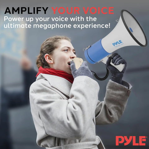 Person using Portable PA Megaphone With Built In Siren 50 Watt Power Adjustable Volume 1600 Yard Range Lightweight Ergonomic Grip.