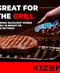 Instant Read Digital Meat Thermometer For Cooking And Grilling With 3 Second Speed IP67 Waterproof Large Backlit Display Magnetic Back For Easy Storage In Oven And Bbq measuring grilled steak temperature on a grill