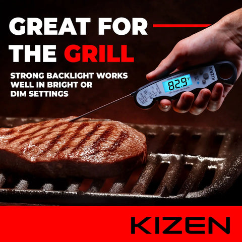 Instant Read Digital Meat Thermometer For Cooking And Grilling With 3 Second Speed IP67 Waterproof Large Backlit Display Magnetic Back For Easy Storage In Oven And Bbq measuring grilled steak temperature on a grill