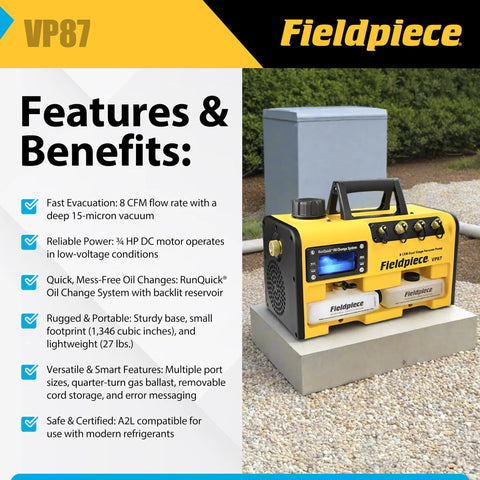 Front view of Fieldpiece VP87 vacuum pump, yellow/black portable unit with RunQuick oil reservoirs.