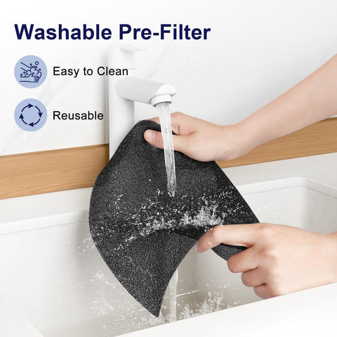 Person washing washable pre-filter of a Large Room Air Purifier With HEPA H13 Filtration