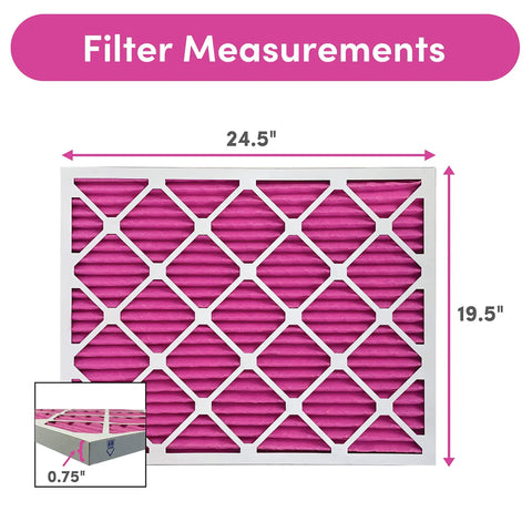 Pet Friendly 20x25x1 Air Filter 4 Pack Made In USA With Color Changing Indicator MERV 8 For Pet Hair Dander And Dust Odor Removal For Cats And Dogs Exact Size 19.5x24.5x0.75 shown with dimensions.
