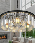 2-Tier Black Modern Crystal Chandelier With 6 Lights, 21.6 Inch Diameter Round Flush Mount Ceiling Fixture in modern living room