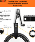 Heavy Duty Garage Wall Hooks Set With Anti Rust PVC Coating showcasing strap holding cord, highlighting premium metal and features.