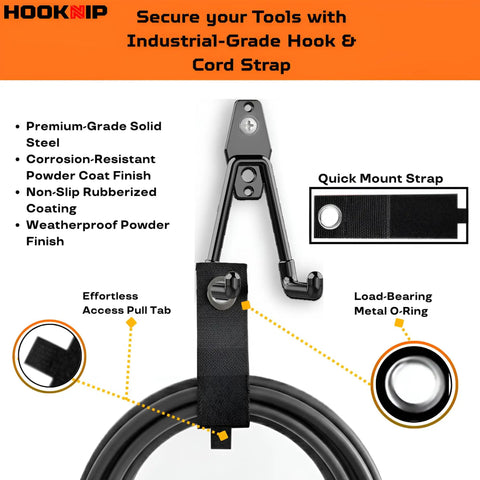 Heavy Duty Garage Wall Hooks Set With Anti Rust PVC Coating showcasing strap holding cord, highlighting premium metal and features.