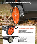 Close-up of 10-inch rubber-coated wheel on Heavy Duty Push Lawn Sweeper With 30 Inch Wide Broom And 12 Cubic Foot Hopper Bag.