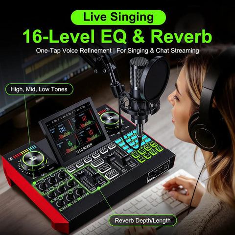 Person using G10 Podcast Equipment Bundle With Three Point Five Millimeter Condenser Microphone For PC And Phone, Live Streaming, Gaming, Singing, DJ Sets, Plus Built In Audio Mixer Noise Reduction Boom Arm Pro Studio Kit for live singing