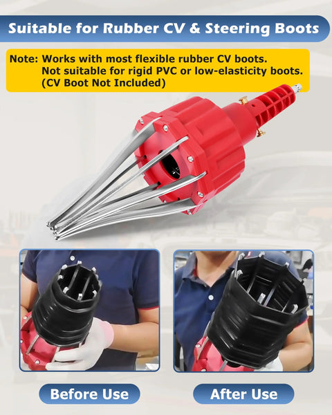 Beast Mode Pro Grade Heavy Duty Pneumatic CV Boot Expander Tool For Fast Rubber Boot Spreading And Easy Installation Air Powered Spreader For Automotive CV And Steering Boots Not For Plastic Boots, red tool with rubber CV boot