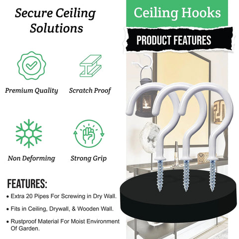 Product features of 20 Pack Ceiling Hooks For Hanging Plants Two Point Nine Inch Screw In Hooks White Vinyl Coated Heavy Duty Indoor Outdoor Use Includes Plastic Hollow Pipes.
