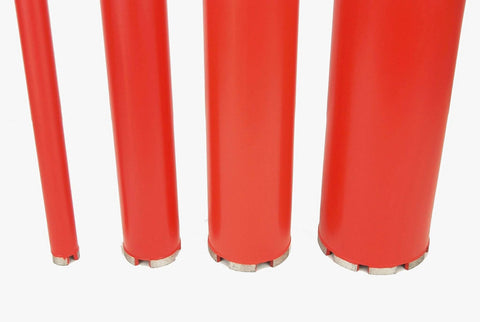 Red diamond wet core drill bits set, side view; 1–4 in sizes with 1-1/4 in threaded shanks.