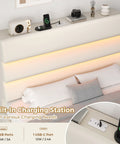 Snag This Super Roomy Queen Size Bed Frame With Plush Beige Velvet Upholstery And Two Easy Glide Storage Drawers Plus Smart Headboard Shelf showing charging station with USB ports.